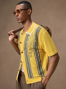 AKNOTIC Men's Knitted Yellow And Golden Floral Applique Casual Slim Fit Short Sleeve Knitted Shirt, Suitable For Summer, Vacation, Daily Wear, Party, Couple Matching, Gift For Men, Father's Day