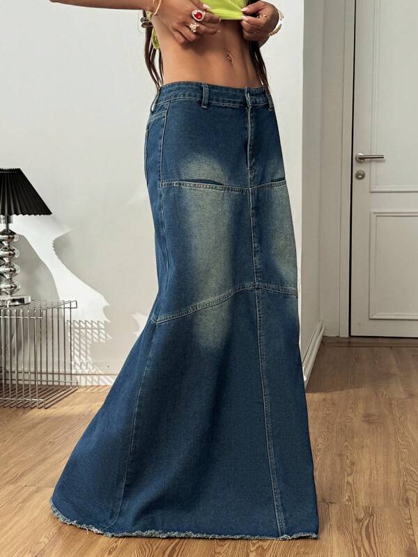 Coolane Women's Fall/Winter  Y2K Back To School Basic Date Night Denim Washed Grunge  Navy Blue Low Rise Maxi Skirts,Denim Skirt,Homecoming,Fall Skirts