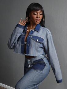 Slaydiva Chaqueta corta vaquera de mujer con botones delanteros, flecos y contraste de color para el verano - Azul - Ver 4