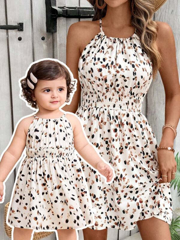 SHEIN Babygirl niedliches Leoparden-Muster ärmelloses Kleid für den Sommerurlaub, Mutter-Tochter-Partnerlook (2 Stücke separat erhältlich)