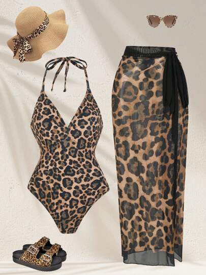 Swim Oasis 2pcs Plus Size Women Leopard Print V-Neck One Piece Swimsuit With High-End Skirt Cover Up, Fashionable Casual Resort Beachwear For Summer Beach Vacation