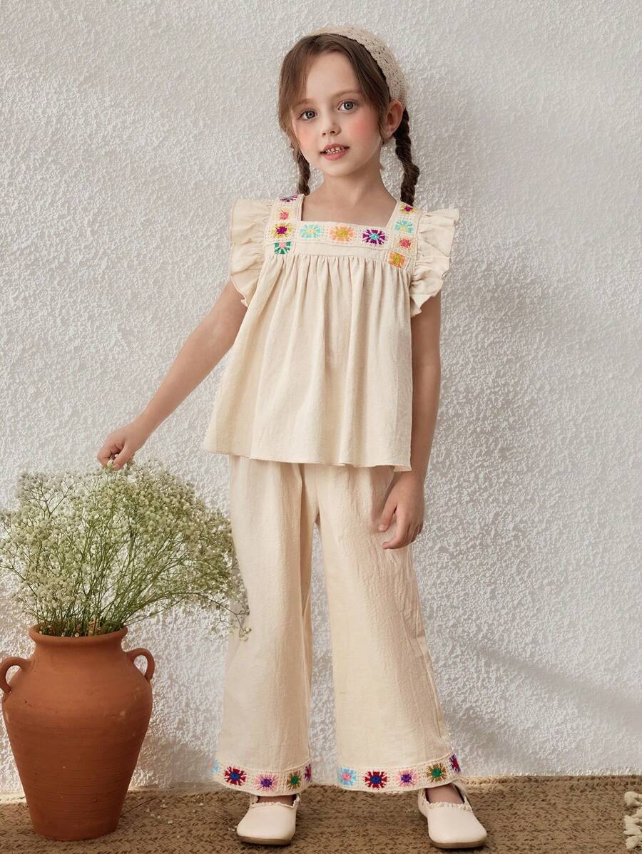 Blossori Young Girls Linen Holiday Ribbon Decor Ruffle Sleeve Shirt/ Pants Set - Khaki - View 1