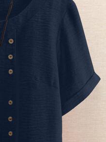 Linhara Camisa casual de manga corta y cuello redondo de unicolor, talla grande, adecuada para el verano - Azul Marino - Ver 6