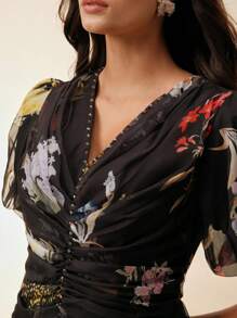 Anewsta Váy mùa hè họa tiết hoa Pháp chất lượng cao dành cho nữ, tay bồng, cổ chữ V, bó sát, eo cao, thời trang - màu đen - Xem 4