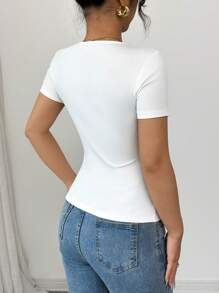 INAWLY Fitted Casual Metal Button Polo Collar Short Sleeve T-Shirt - White - View 2