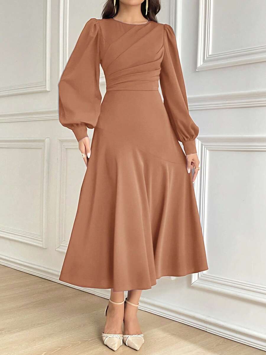 Modelyn Vestido midi elegante de manga lanterna de cor sólida para mulheres, vestidos longos de noite de outono