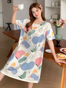 SHEIN Leap Crew Teen Girl Funny Cartoon Print Round Neck Short Sleeve Loose Casual Knit Summer Night Gown - Multicolor - View 4