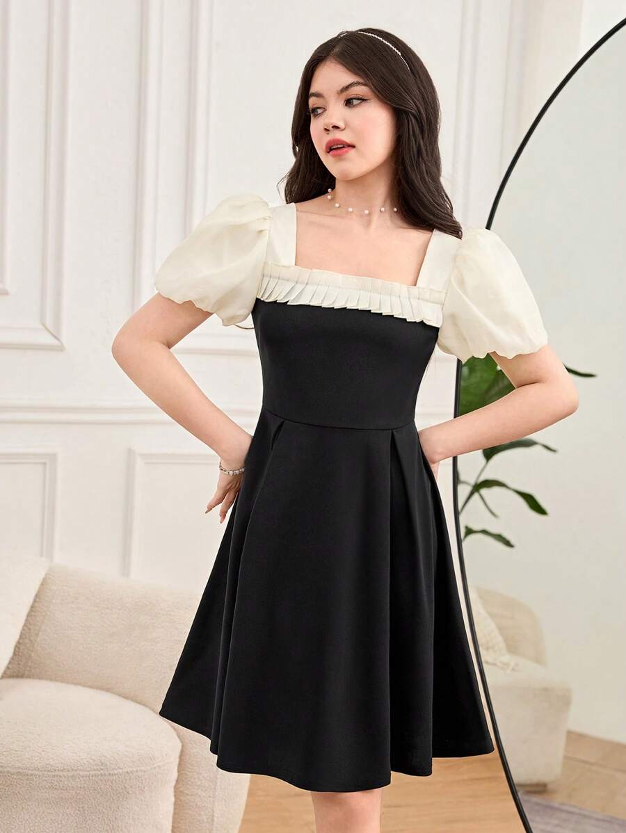 SHEIN 优雅通勤泡泡袖撞色少女短裙,适合毕业典礼、婚礼、情人节、约会、狂欢装、家庭聚会 - 黑色 - 查看 1