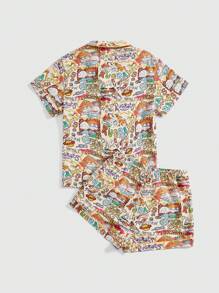 Nick 90's X ROMWE 卡通图案衬衫式短袖上衣和短裤 100% 纯棉睡衣套装 - 彩色 - 查看 2