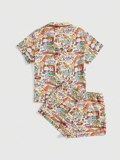 Nick 90's X ROMWE Cartoon Pattern Shirt-Style Short Sleeve Top & Shorts 100% Cotton Pajama Set
