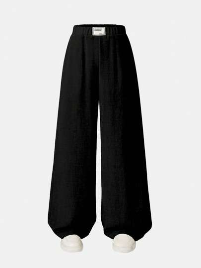 SHEIN Explorewe Tween Girls' Relaxed Fit Wide Leg Pants, Embroidered Tag Accent