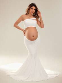 SHEIN Maternity Plain Color Cropped One-Shoulder Top And Adjustable Waist Midi Skirt 2Pcs Set For Photography - White - View 6