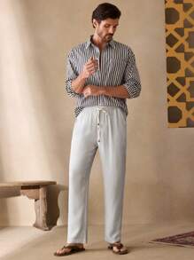 Manfinity VCAY Men's Casual Soft Summer Color Palette Woven Drawstring Tapered Leg Pants,Autumn,Vacation,Holiday,Slant Pocket Trousers For Outdoor,Home,Beach,Hiking - Light Grey - View 2