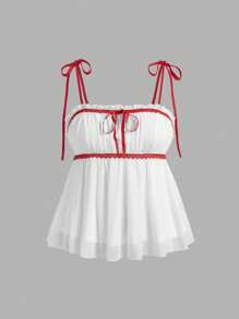 SHEIN MOD Plus Size Summer Red And White Lace Patchwork Bow Accent Ruffle Hem Camisole Top - Red and White - View 1