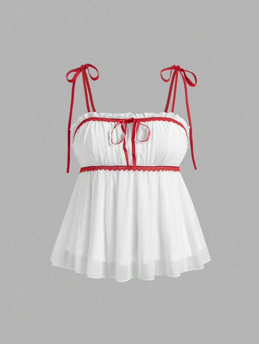 SHEIN MOD Plus Size Summer Red And White Lace Patchwork Bow Accent Ruffle Hem Camisole Top - Red and White - View 1
