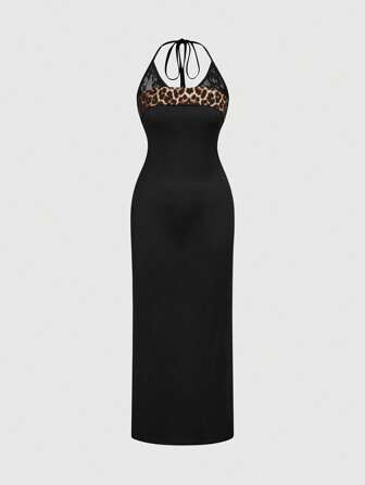 Grunge Punk Vestido midi con aberturas laterales con cordones y contraste de color leopardo sexy estilo "Y2K" para mujer, de verano