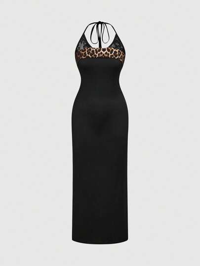 Grunge Punk Y2K Sexy Babe Leopard Contrast Color Lace-Up Side Slit Midi Dress For Women, Summer