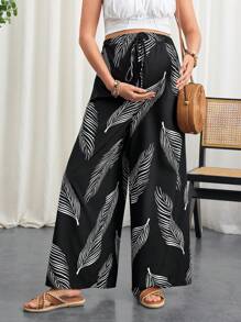 SHEIN Maternity Pants With Elastic Waist & Faux Drawstring Waist Floral Print
