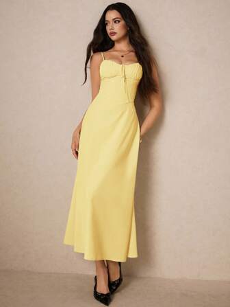 Poéselle Women Solid Color Draped Bust Casual Dress With Spaghetti Straps,Butter Yellow Dress