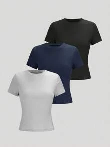 SHEIN LUNE Plus Size Women Elegant Solid Color Round Neck T-Shirt, Fashion Suitable For Summer - Multicolor - View 1