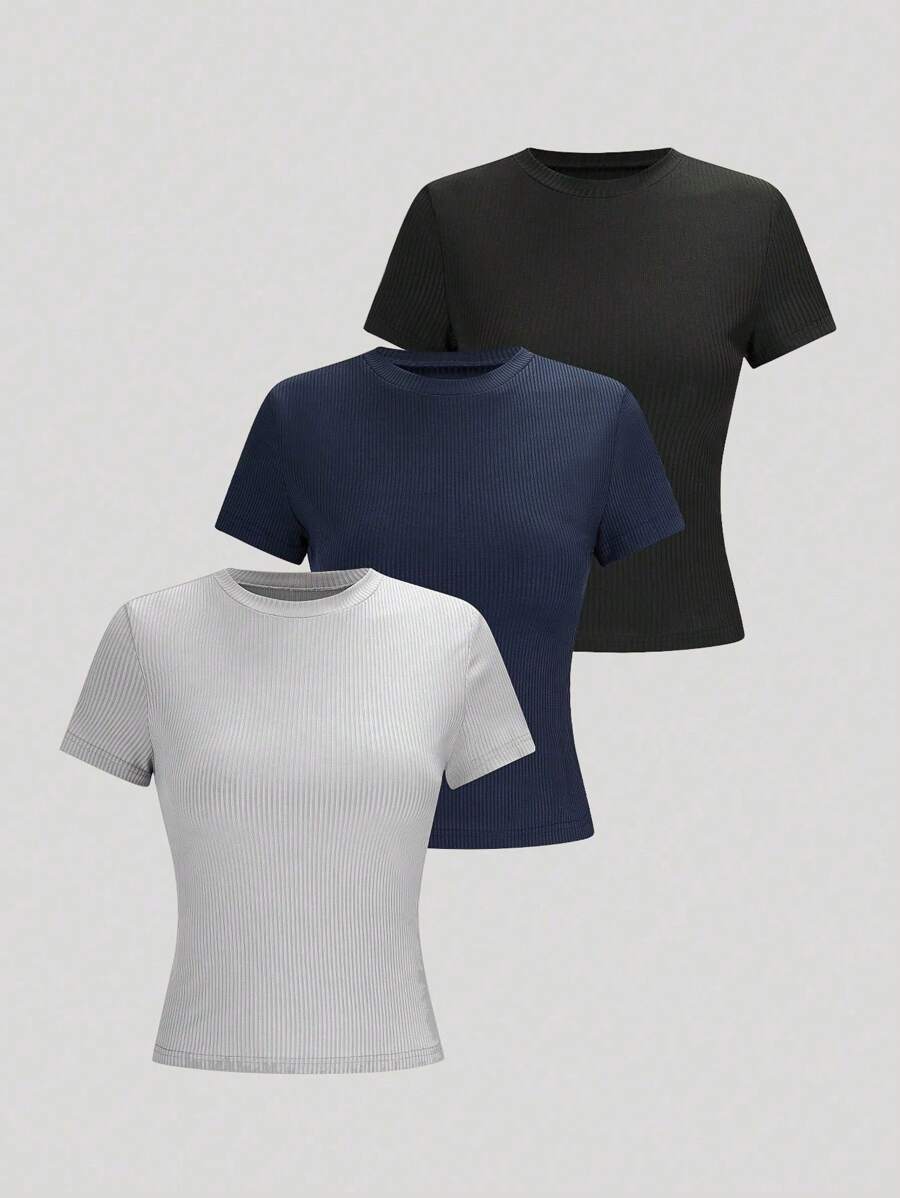 SHEIN LUNE Plus Size Women Elegant Solid Color Round Neck T-Shirt, Fashion Suitable For Summer - Multicolor - View 1