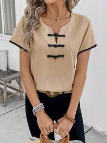 SHEIN LUNE 女式法式休闲拼色肩部长袖纽扣装饰修身衬衫，适合日常休闲、度假、旅行、节日、复古外观