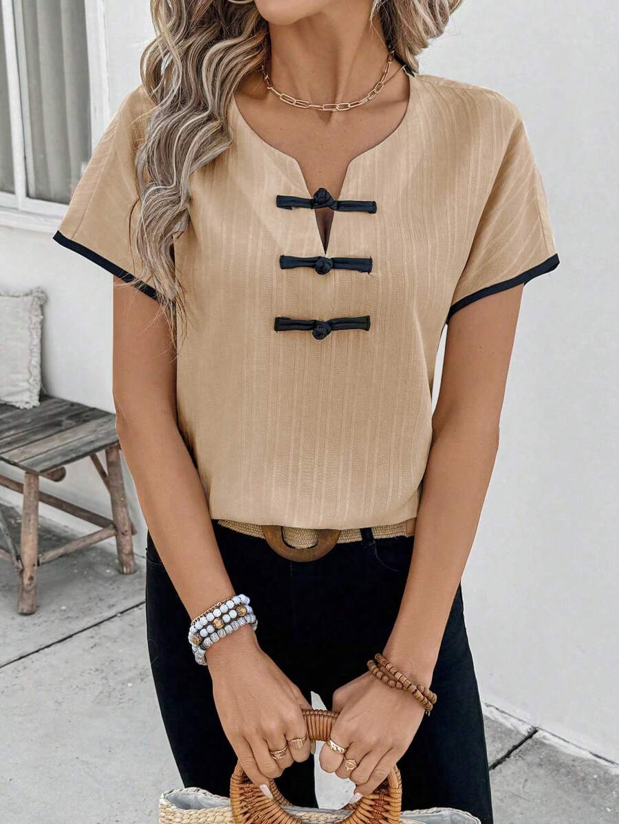 SHEIN LUNE 女式法式休闲拼色肩部长袖纽扣装饰修身衬衫，适合日常休闲、度假、旅行、节日、复古外观