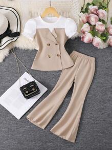 2pcs/Set Young Girls Puff Sleeve Layered Splice Top And Solid Color Flared Cropped Pants Suit - Khaki - View 1