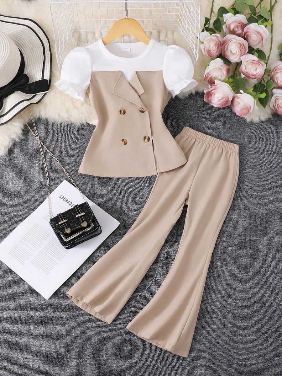 2pcs/Set Young Girls Puff Sleeve Layered Splice Top And Solid Color Flared Cropped Pants Suit - Khaki - View 1