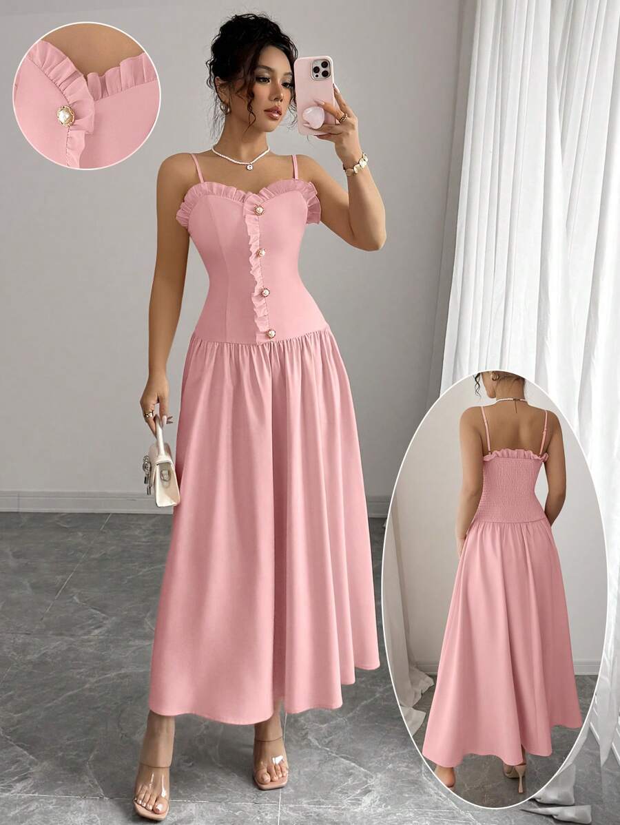 Elenzga Abito elegante e casual da indossare tutti i giorni, in stile europeo e americano, con spalline a spaghetti e balza sul fondo, arricciature in vita e decorazione in metallo, adatto per uscite, appuntamenti, vacanze, pendolarismo e altre occasioni, ideale per la fotografia