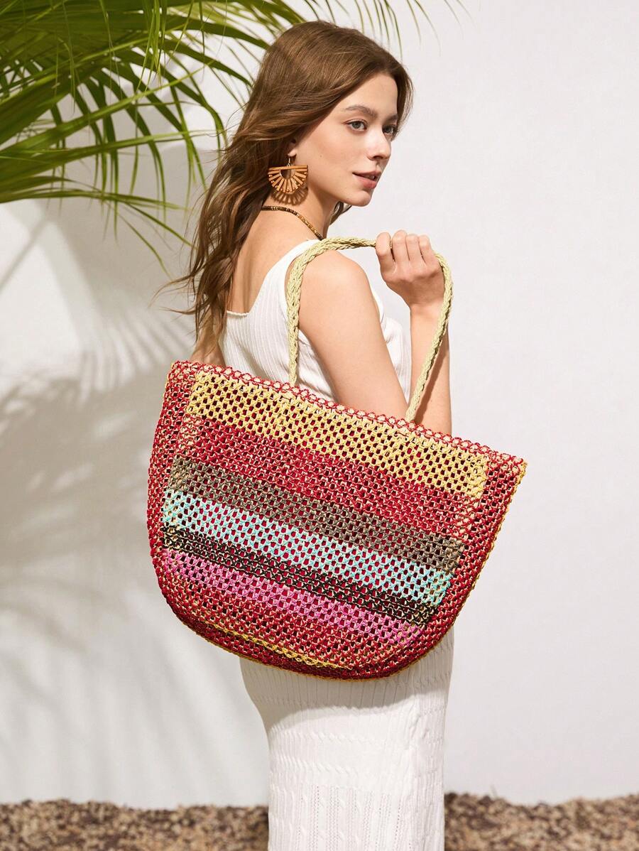 SHECARRY Lightweight Casual Minimalist Straw Tote Bag, Suitable For Teenage Girls, College Students, Perfect For University, Outdoor, Travel, Outing, Summer Fashion Vacation - Multicolor - View 1