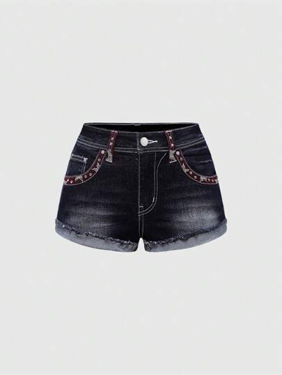 Grunge Punk Y2K Vintage sexy Denim Shorts mit niedrigem Bund und bestickter Tasche