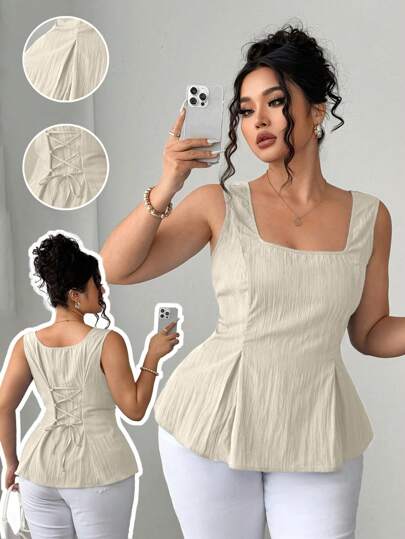 Elenzga Plus Size Women Square Neck Elegant French Style A-Line Cinched Waist Blouse