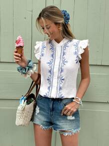 SHEIN Frenchy Women's Boho Long Blouse: White Woven Fabric With Blue Floral Embroidery, Cap Sleeves, And Stand Collar Summer Elegant - Blue and White - View 8