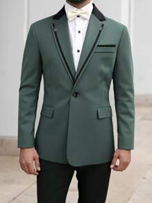 Manfinity Mode Men's Casual Blazer Suit, Contrast Color Block With Button Decor