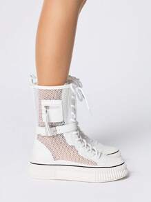 ROMWE Women's Round Toe Lace-Up Front Polyester Mesh Rubber Flat Mid-Calf Fashion Boots, Suitable For Daily Outing, Dating, Shopping, Commuting, And Party - White - View 4