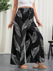 SHEIN Maternity Pants With Elastic Waist & Faux Drawstring Waist Floral Print