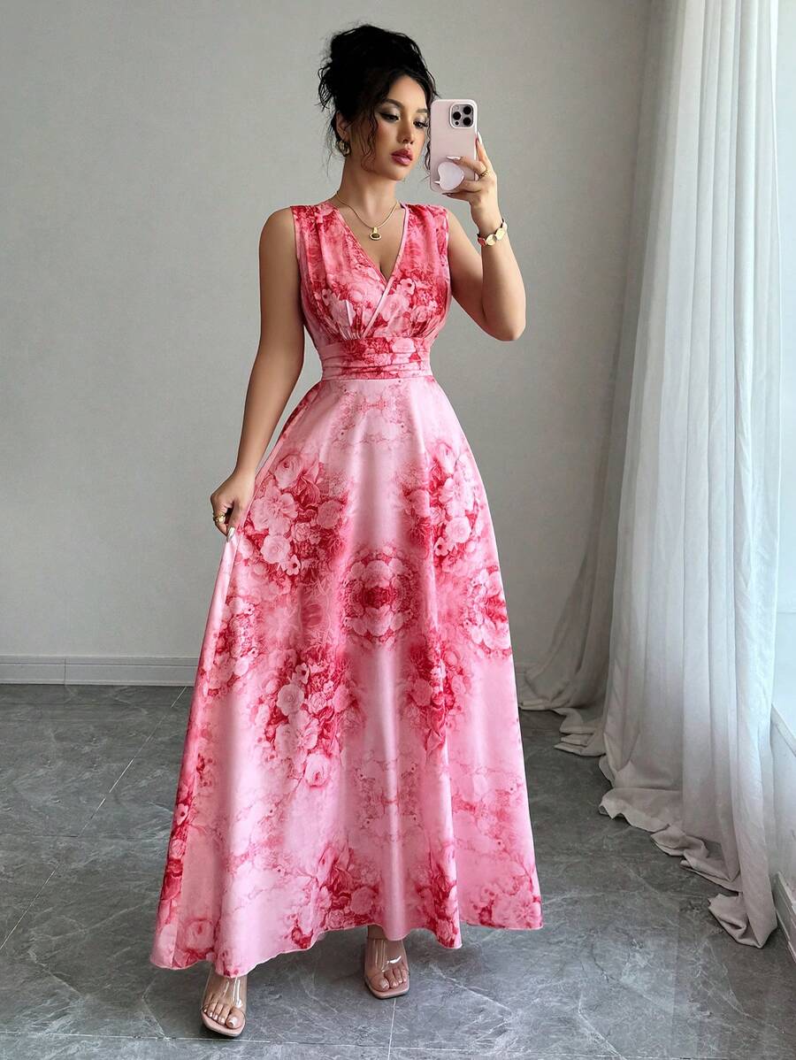 Elenzga New Shirred Sleeveless Woven Floral Print Dress With Ruched ...
