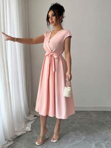 Elenzga Vestido elegante de mujer corte evasé con cuello en V y cintura, color rosa romántico