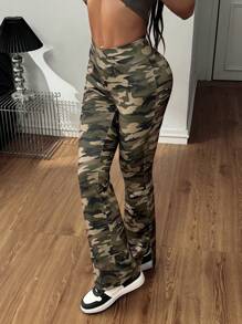 Coolane Women's Spring/Summer Cargo Camo Pattern Split Cross Design Comfy Flare Pants - Army Green - View 3