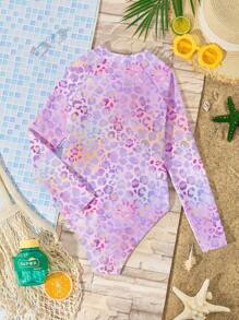 SHEIN Tween Girls Casual Minimalist Iridescent Lavender Leopard Print Rash Guard One-Piece Swimsuit, Suitable For Summer