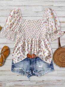 Linhara Plus Size Women's Floral Puff Sleeve Ruffled Blouse - White - View 2