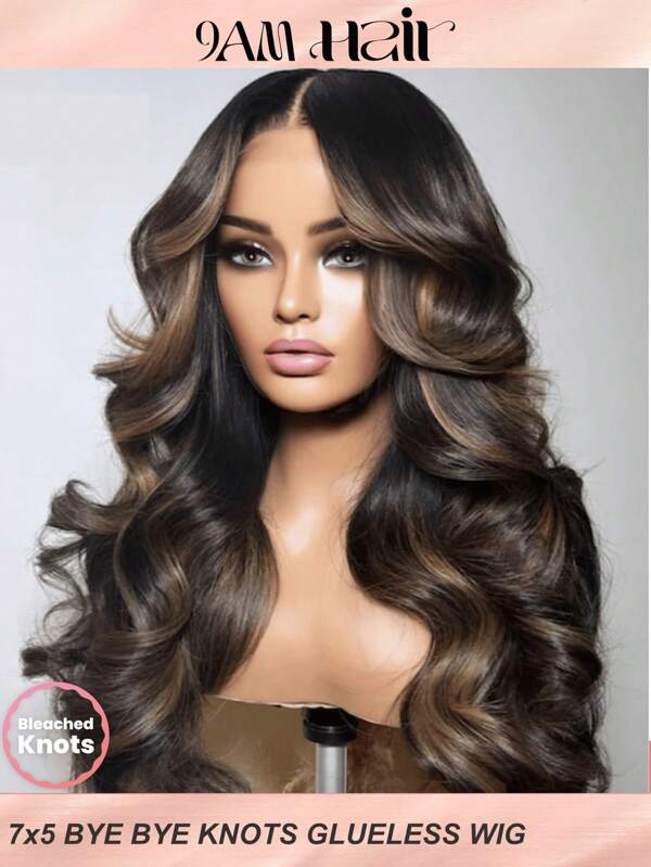 7x5 Bye-Bye Knots Lace Front Espresso Brown With Highlights Loose Wave Wigs For Women Pre Cut Pre Plucked Pre Bleached 100% Human Hair Wear Go Glueless Wig