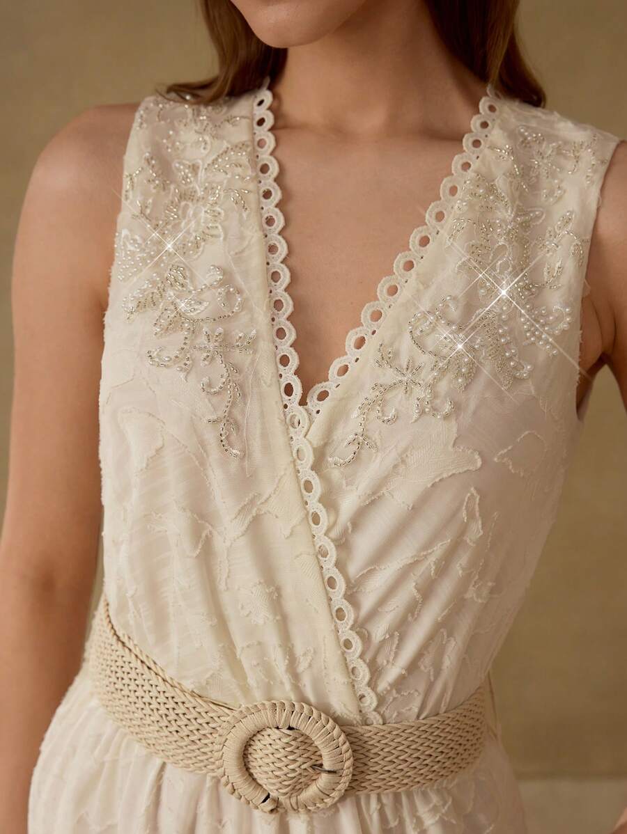 MOTF PREMIUM BEADED EMBROIDERY FLOWY DRESS - Apricot - View 2