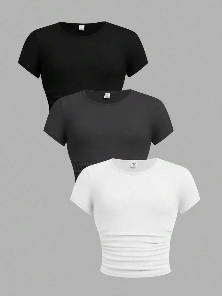 3pcs Tween Girls Slim Fit Casual Solid Color Crewneck Ruched Short Sleeve T-Shirts Set, School, Campus, College - Dark Grey - View 1