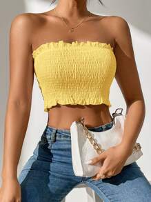 SHEIN PETITE Summer Solid Frill Trim Shirred Crop Tube Top - Yellow - View 3