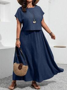 EMERY ROSE Plus Size Vacation Casual Solid Color Shirt & Skirt 2pcs Set - Navy Blue - View 5