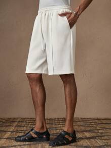 AKNOTIC Men's Loose Elastic Waist Plain Color Knitted Casual Shorts, Suitable For Summer, Vacation, Daily Matching, Party, Gift For Men, School - White - View 6