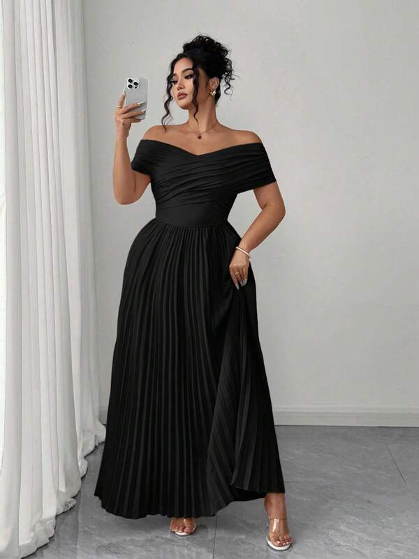 Elenzga Shoulder Ruched Waist Bandeau, Summer, Off Shoulder, Plus Size Women Romantic Elegant Graduation Dress Women Dresses Birthday Women Birthday Outfit Women Plus Black Dress Women Casual Dress Women S Clothes