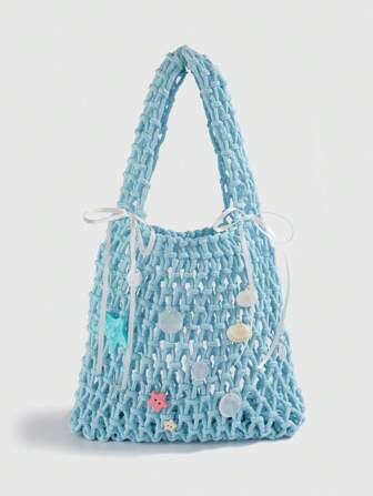 Fairycore 1 pieza Bolsa de playa tejida con lazo azul, concha marina, estrella de mar, estilo de vacaciones de verano, accesorio DIY de bolso para mujer (incluye 1 bolsa y 1 set de accesorios)
